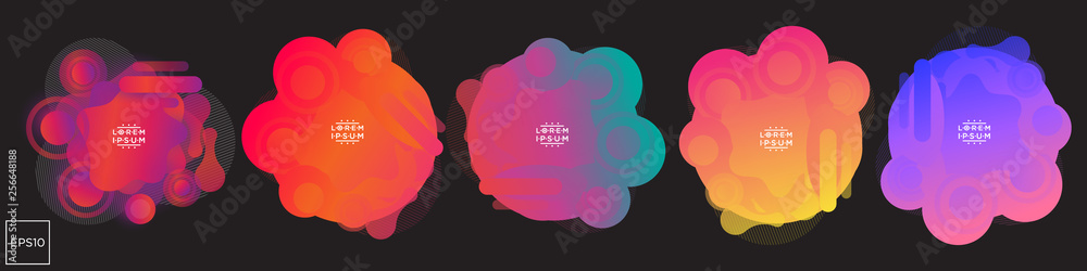 Set of Fluid color badges with abstract shape composition. Colorful liquid gradient design element.