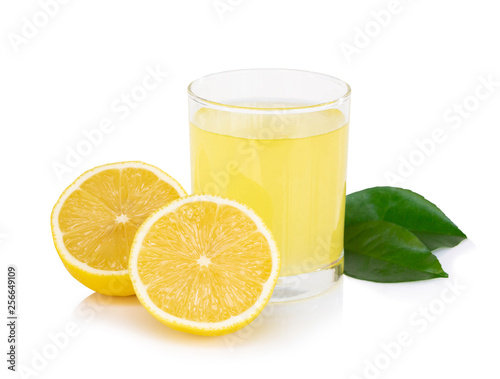 Closeup glass of lemon juice drink isolated on white background, food heathy concept