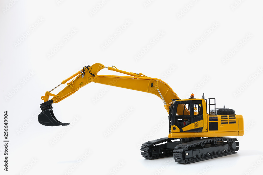 Excavator  model with up bucket lift on  white background