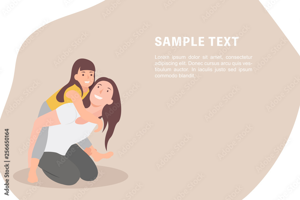 Cartoon people character design banner template mother and child having fun and giving piggyback