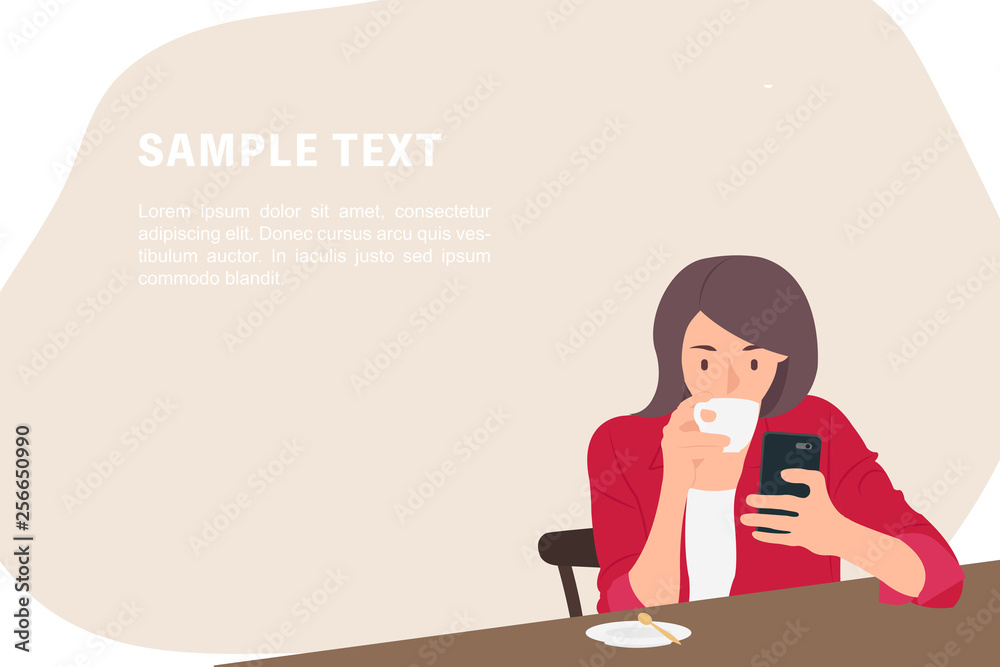Cartoon people character design banner template young woman drinking coffee and using mobile phone sitting on a chair Cartoon people character design banner template young woman drinking coffee and using mobile phone sitting on a chair