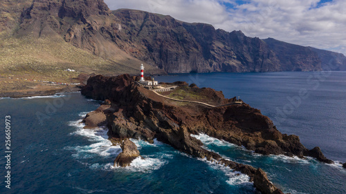 Aerial view of the lighthouse Teno on The Tenerife, Canary Islands, Spain. Wild Coast of the Atlantic Ocean