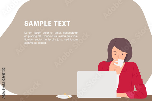 Cartoon people character design banner template young profession woman working on laptop and drinking coffee