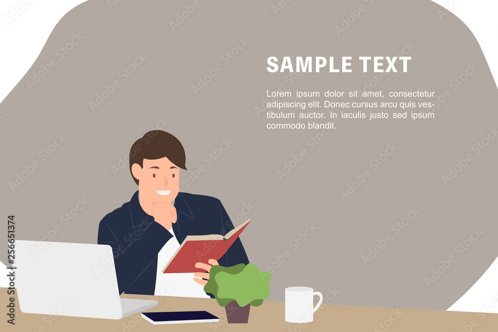 Cartoon people character design banner template young man reading a book while sitting by the desk
