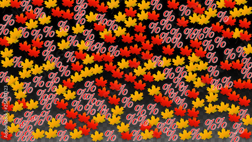 Vector Percentage Sign and Autumn Leaves Confetti on Transparent Background. Percent Sale Background. Business, Economics, Finance Print. Discount Illustration. Promotion poster. Black Friday Banner. 