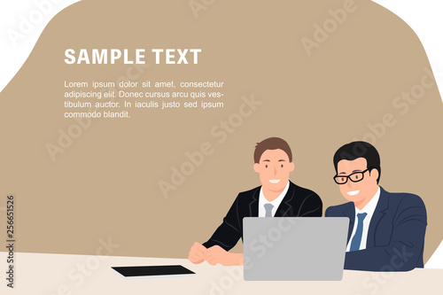 Cartoon people character design banner template businessmen discussing and wtaching laptop in the office