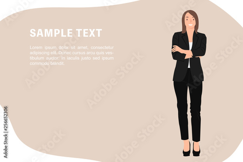 Cartoon people character design banner template professional business woman standing with crossed arms happily