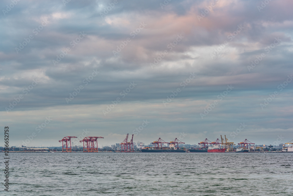 Seaport with cranes and cargo ships on sunset