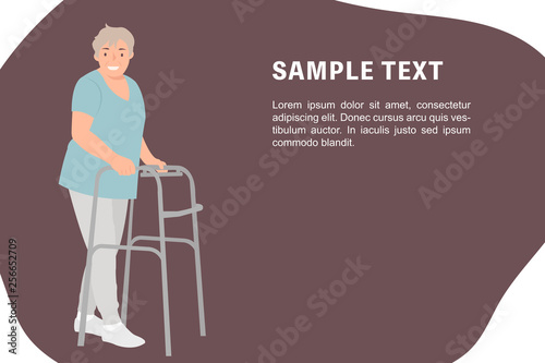 Cartoon people character design banner template elderly woman with walking frame doing rehabilitation