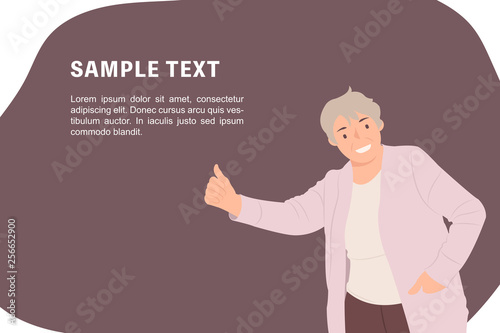 Cartoon people character design banner template cheerful senior woman showing thumbs up