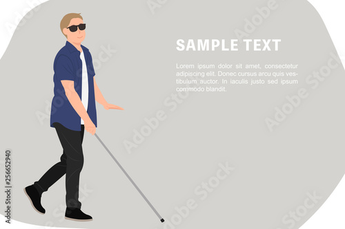 Cartoon people character design banner template blind young man walk with a walking cane