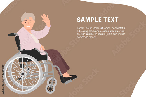 Cartoon people character design banner template senior woman in a wheelchair waving hand with a smiling face