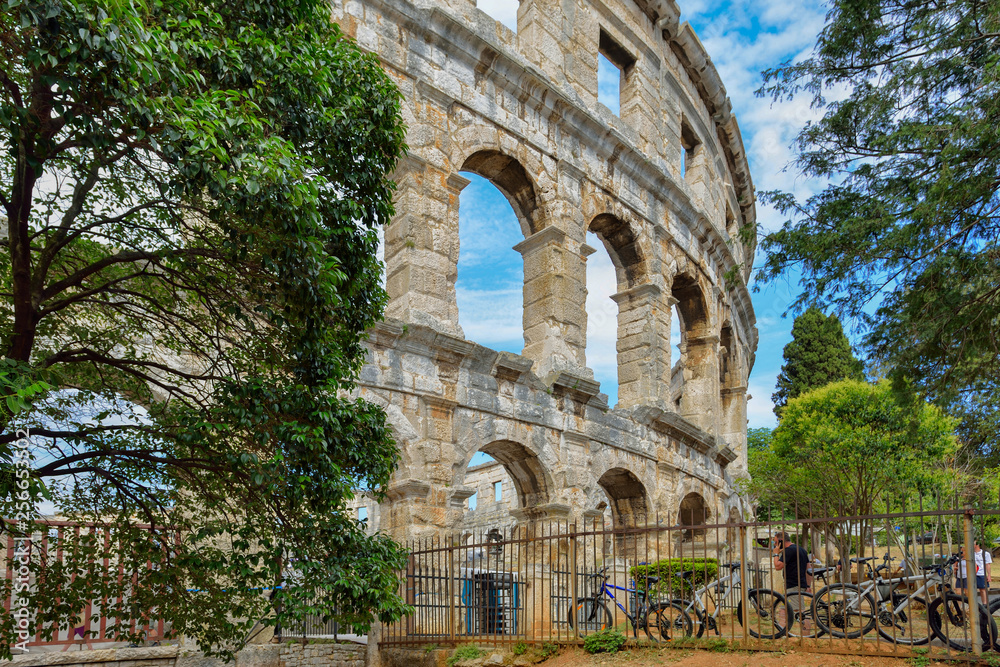 A wall fragment of ancient Roman amphitheater (Arena) in Pula, Croatia