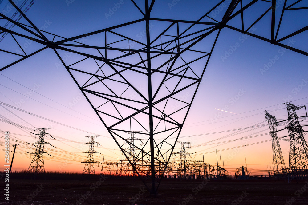 In the evening, the outline of the transmission tower