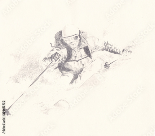 Skiing in deep powder pencil drawing