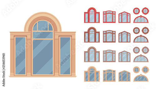 Window for building fitted with glass in a frame. Carved decorative elements set. Home and office design for residential project. Vector flat style cartoon illustration isolated on white background