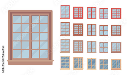 Window for building fitted with glass in a frame. Georgian sash classic set with panes. Home, office design for residential project. Vector flat style cartoon illustration isolated on white background