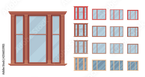 Window for building fitted with glass in a frame. Bay panoramic set with casement. Home and office design for residential project. Vector flat style cartoon illustration isolated on white background