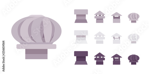 Chimney ventilation for building. Decorative house facade elements. Home architecture design for residential project. Vector flat style cartoon illustration isolated on white background