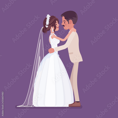 Bride and groom in gentle hug on wedding ceremony. Latin American man  woman in beautiful dress on traditional celebration  married couple in love. Marriage customs and traditions. Vector illustration