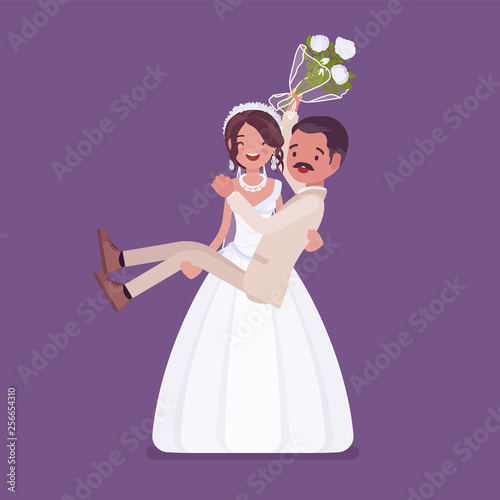 Bride carrying groom on wedding ceremony. Latin American man, woman in a beautiful white dress on traditional celebration, married couple in love. Marriage customs and traditions. Vector illustration