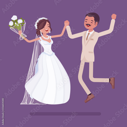 Bride and groom happy jump on wedding ceremony. Latin American man, woman in a beautiful dress on traditional celebration, married couple in love. Marriage customs and traditions. Vector illustration