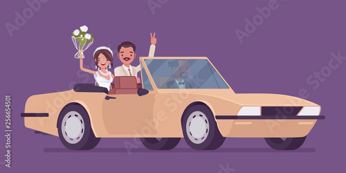 Bride and groom in luxury car on wedding ceremony. Latin American man, woman in beautiful dress on traditional celebration, married couple in love. Marriage customs and traditions. Vector illustration