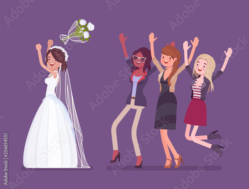 Bride and bridesmaids in bouquet toss tradition on wedding ceremony. Latin American woman in beautiful white dress throwing flowers on celebration. Marriage customs and traditions. Vector illustration