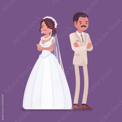 Angry offended bride, groom on wedding ceremony. Unhappy Latin American man, woman in beautiful dress on traditional celebration, sad married couple. Marriage customs, traditions. Vector illustration