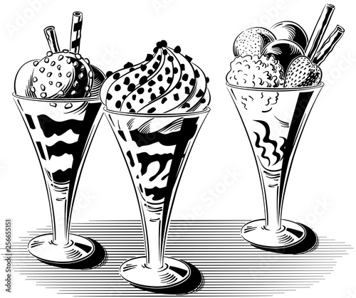 Three cup with various flavors of ice cream, in black and white vector.