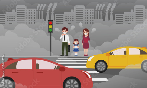 people and children wearing protective mask zebra crossing road. Dust mask N95 prevent PM2.5 ,Air pollution concepts vector illustration.