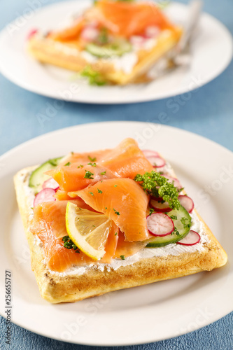 waffle with cheese, salmon and vegetable