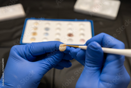 Dentist is painting a tooth crown in dental laboratory