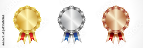 Medals set Gold, silver and bronze flat design. Rosettes coloured icons, victory symbols. Celebrating congratulating 1 st, 2 nd 3 rd collection of vector signs