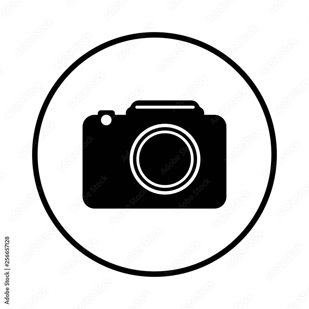 Camera Icon. Camera symbol for your web site design, black and white in a circle Camera Icon. Camera symbol for your web site design, black and white in a circle