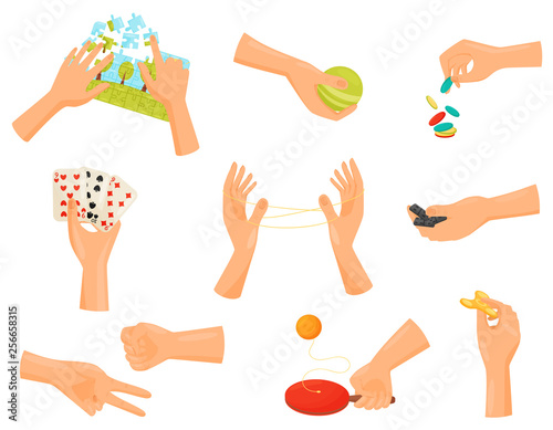 Game hand collection. Entertainment and dexterity arms.