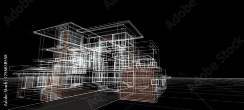 Fototapeta Naklejka Na Ścianę i Meble -  Architecture design concept 3d perspective wire frame rendering on black background