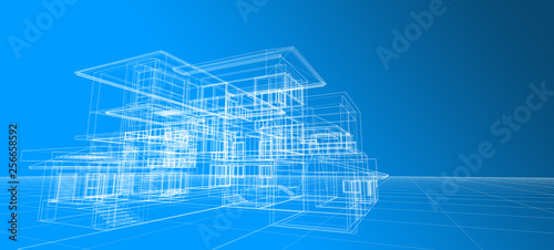 Architecture design concept 3d perspective wire frame rendering on blue background