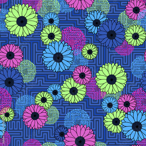 Vector neon colors floral clash on geometric background seamless pattern