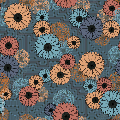 Vector floral clash on geometric grey background seamless pattern