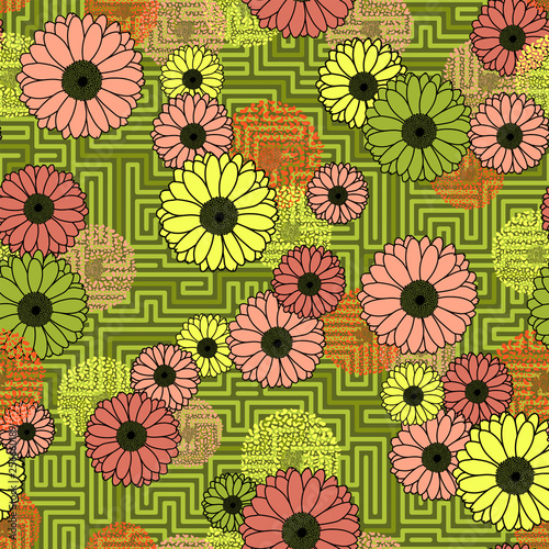 Vector floral clash on moss green geometric background seamless pattern