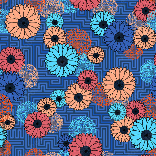 Vector floral clash on blue geometric background seamless pattern