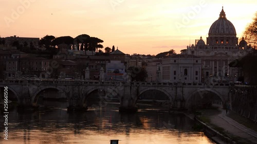 Rome, dramatic orange sunset behind the Vatican Dome. A bird flies from far to foreground