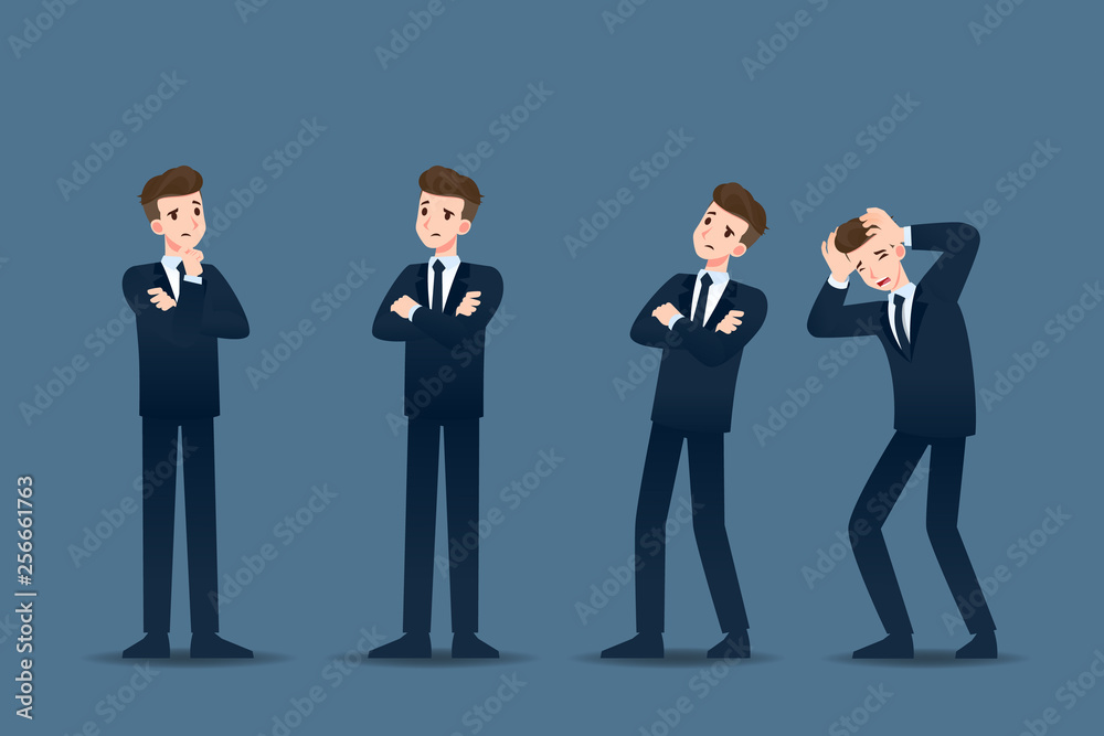 Set of businessman in 4 different gestures. People in business character poses like thinking, concern. Vector illustration design. Set of businessman in 4 different gestures. People in business character poses like thinking, concern. Vector illustration design.