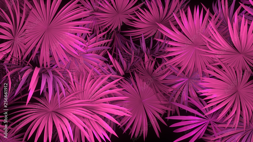 3d render of neon palm leaves on black background. Banner design. Retrowave, synthwave, vaporwave illustration.