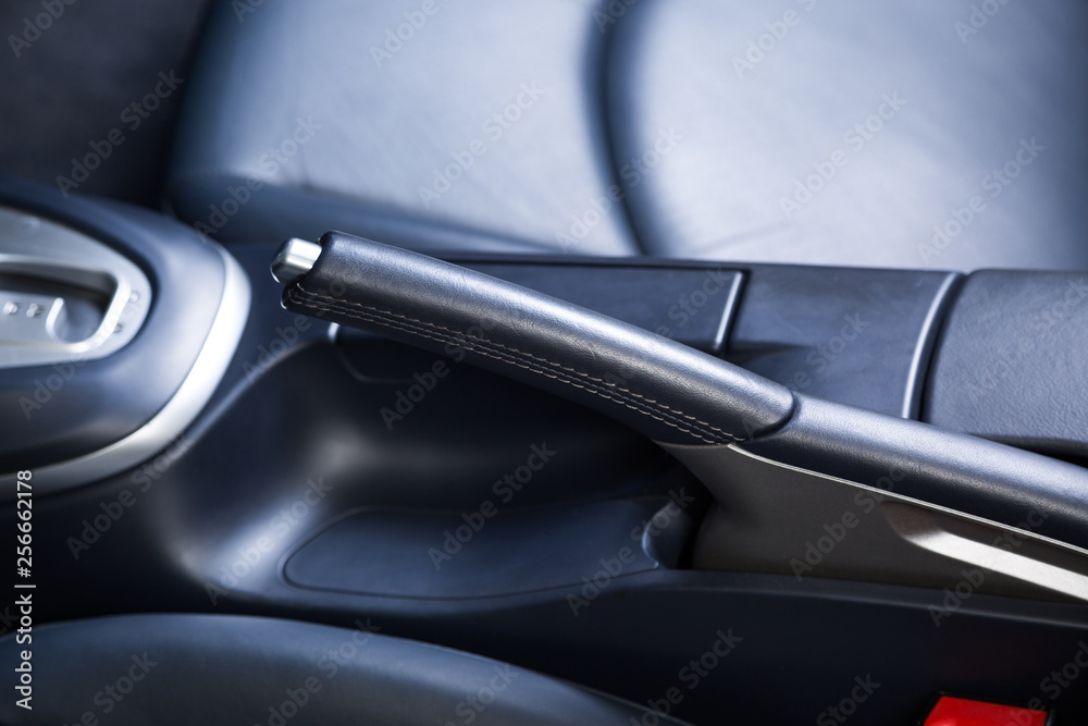 Leather handbrake in sports car