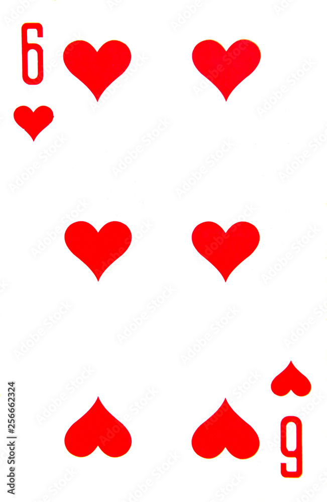 Card playing six of hearts, suit of hearts.