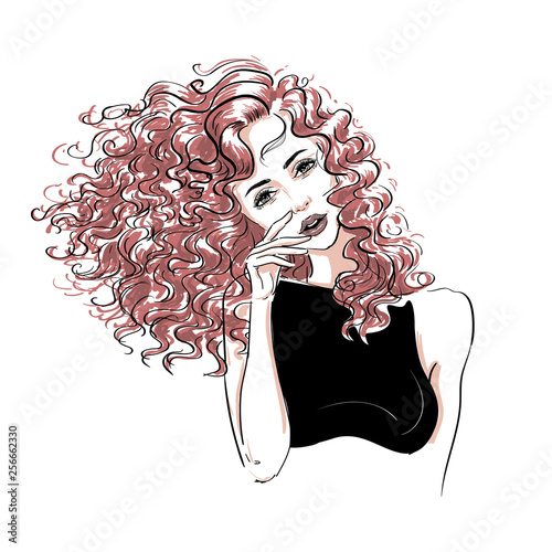 sketch of a curly windy tender woman