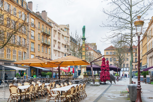 Metz, FRANCE - April 1, 2018: Restaurants in Old Town Metz, France