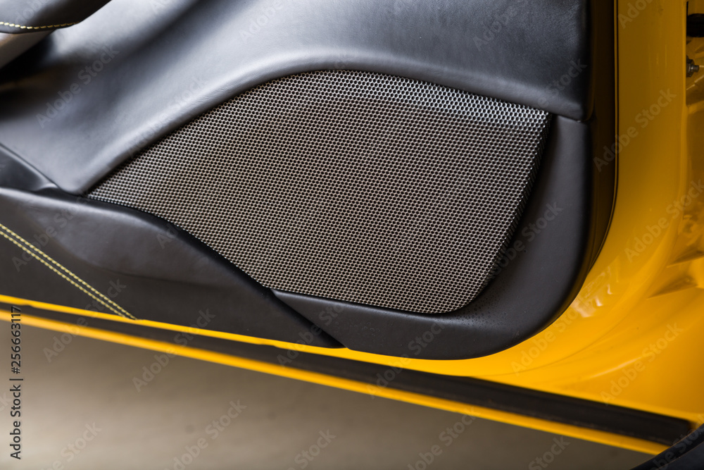 Close up of speaker in black leather car interior
